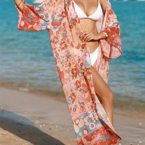 Half Sleeves Cover Up Shirt, V Neck Loose Fit Floral Print Beachwear Kimono, Boh - Picture 5 of 5